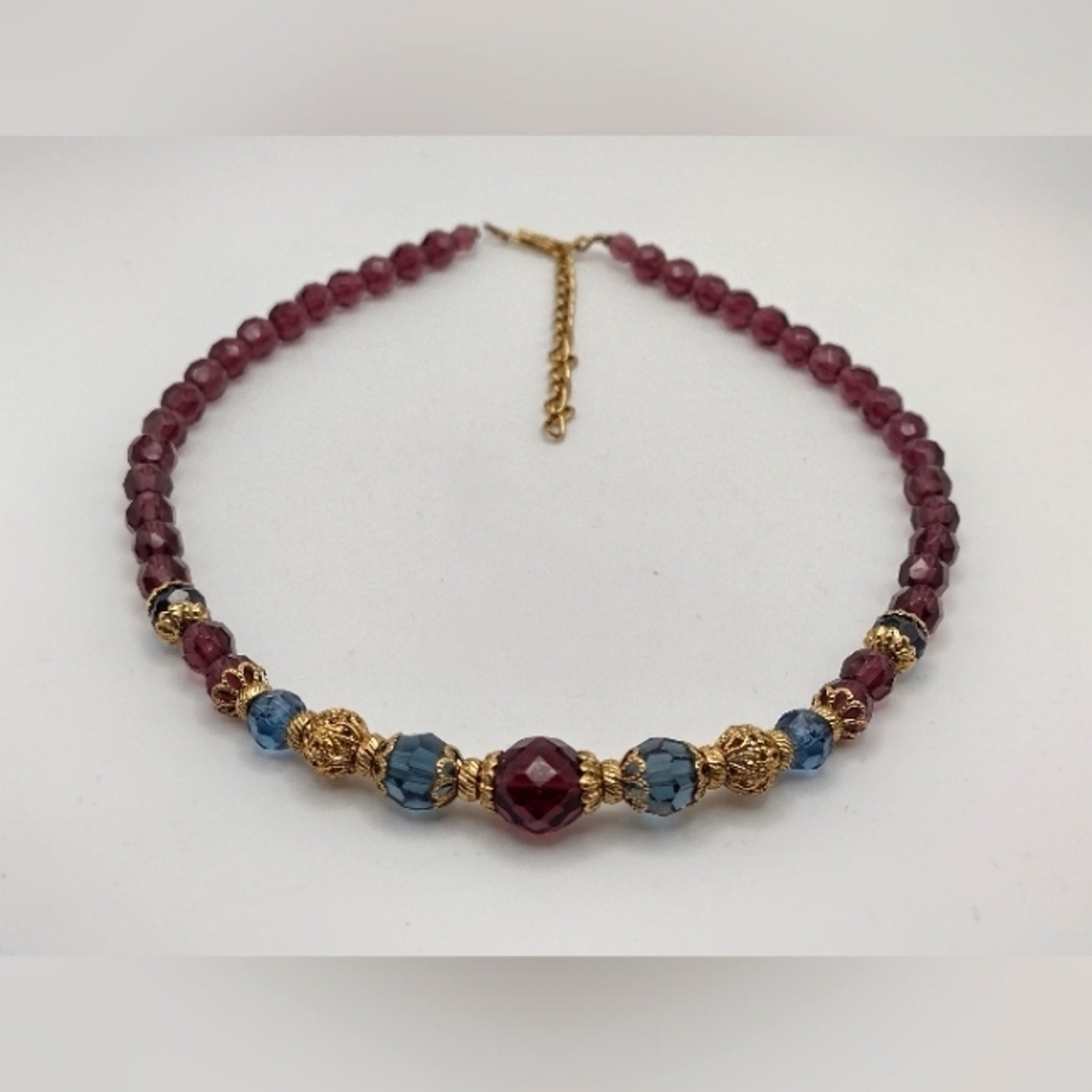 Vintage Style Glass Beaded Necklace Purple Blue and Gold - Picture 2 of 6